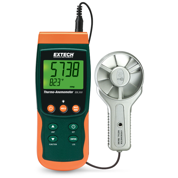 Extech SDL300 Thermo‑anemometer met metalen waaier en SD‑kaart datalogger