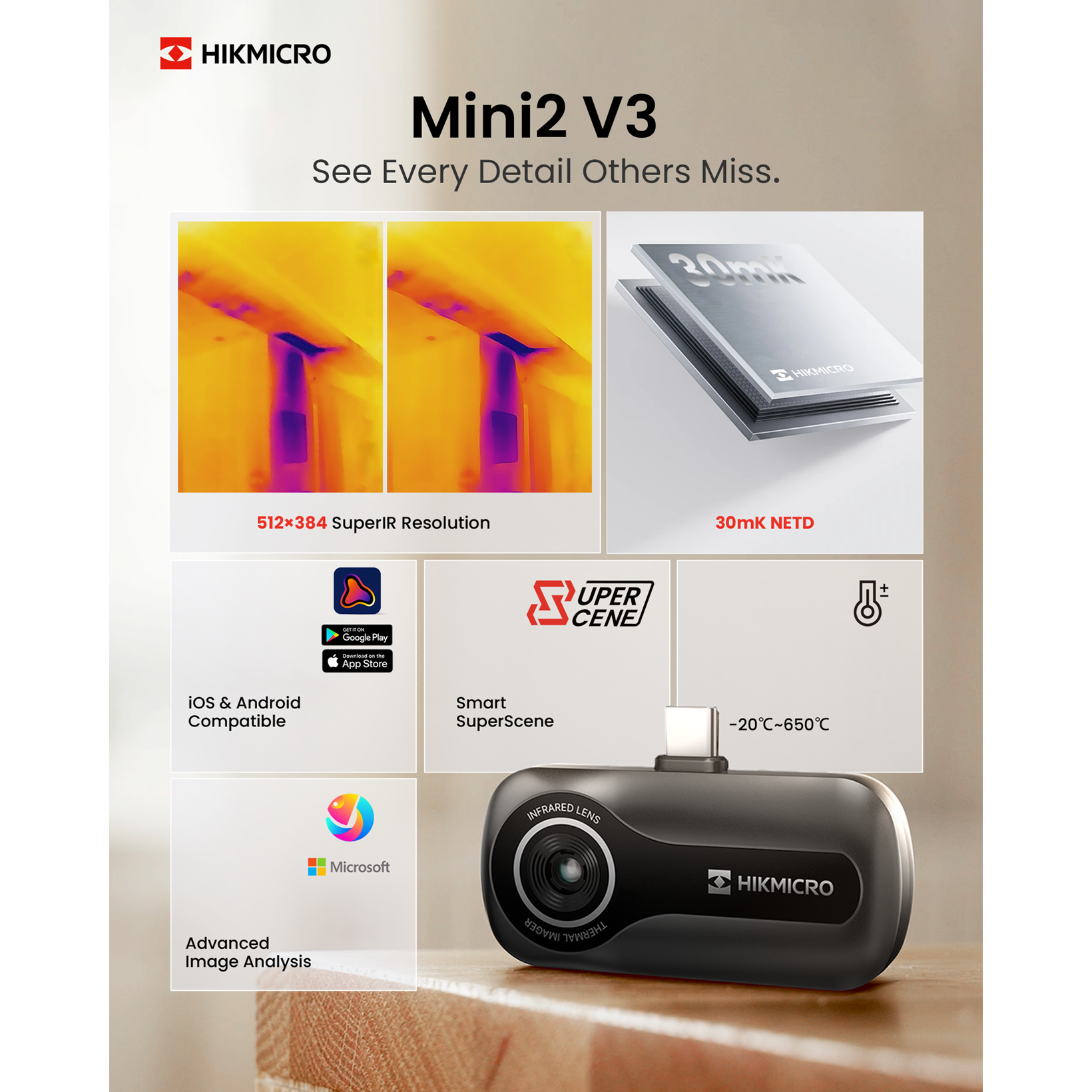 Hikmicro Mini2 V3 IR camera 256x192 pixels, iOS en Android, 25Hz, -20°C tot 400°C